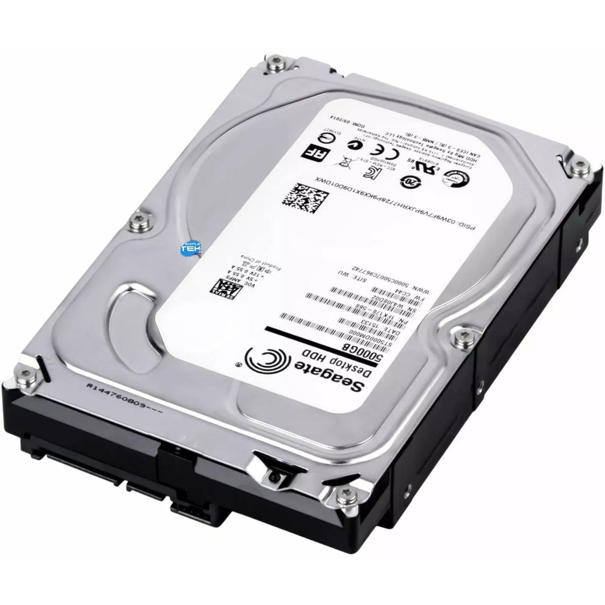 Viene mostrato un disco rigido desktop Seagate da 5000 GB. L'unità è argento e nera, con etichette e connettori.