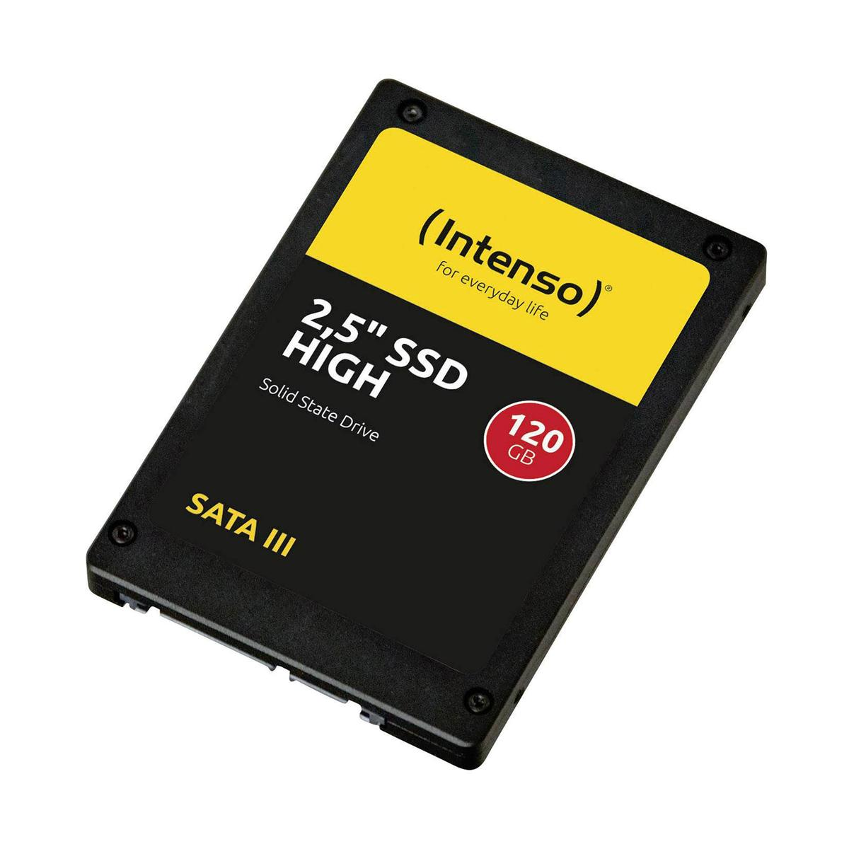 Czarny dysk SSD 2,5" firmy Intenso, 120 GB. Żółty i biały tekst na górze. Etykieta SATA III na dole.