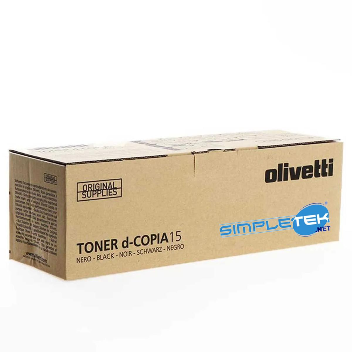 Una scatola di cartone marrone con il logo Olivetti, etichettata come 'Toner d-Copia 15'. Il testo dice 'Original Supplies' e 'SimpleTek.net'.