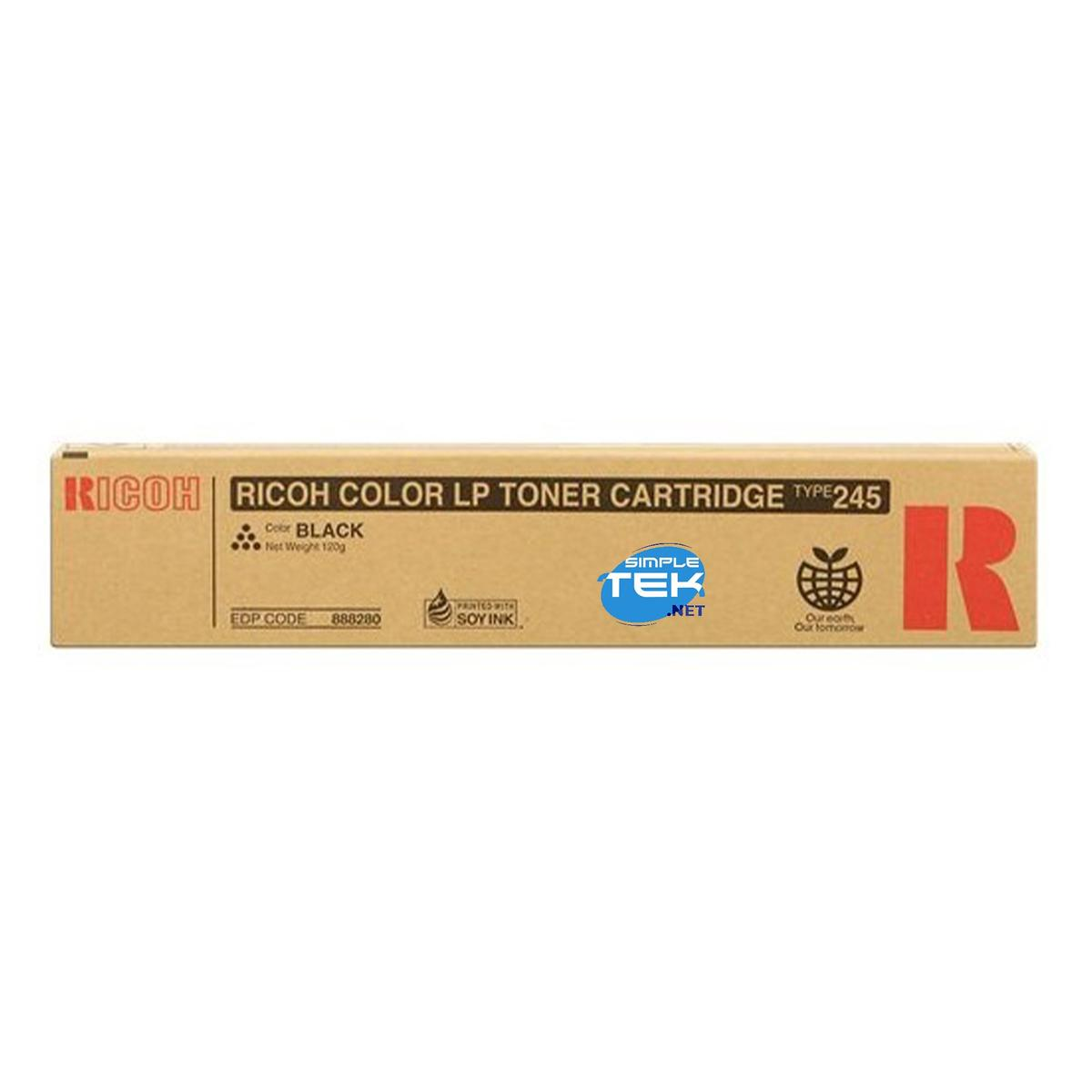 Una scatola di cartucce toner Ricoh marrone con testo nero, un logo R rosso e un logo Simple Tek. La scatola è etichettata come 'RICOH COLOR LP TONER CARTRIDGE'.