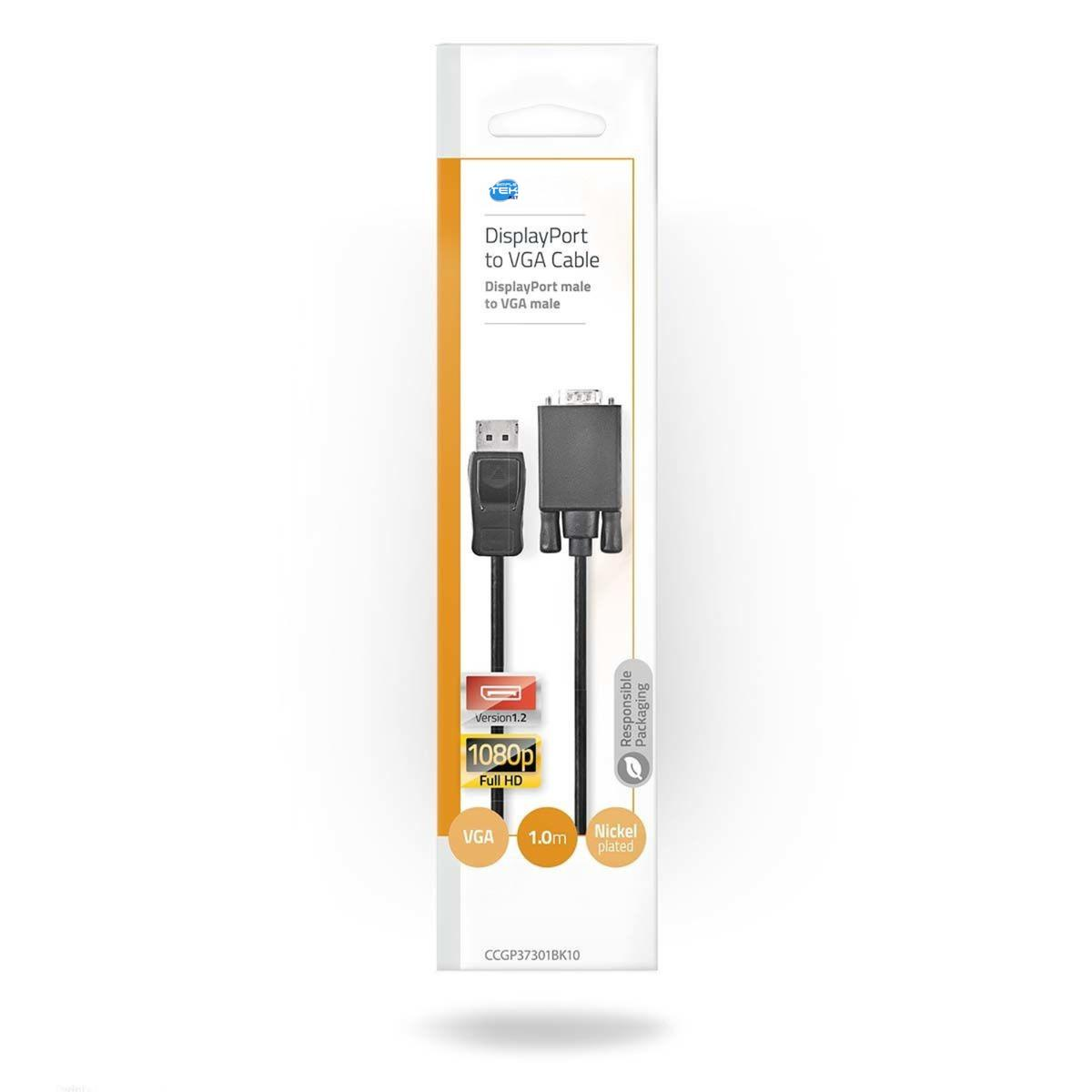 Un cable DisplayPort a VGA en su embalaje. El paquete es blanco con acentos naranjas, mostrando el cable y detalles.