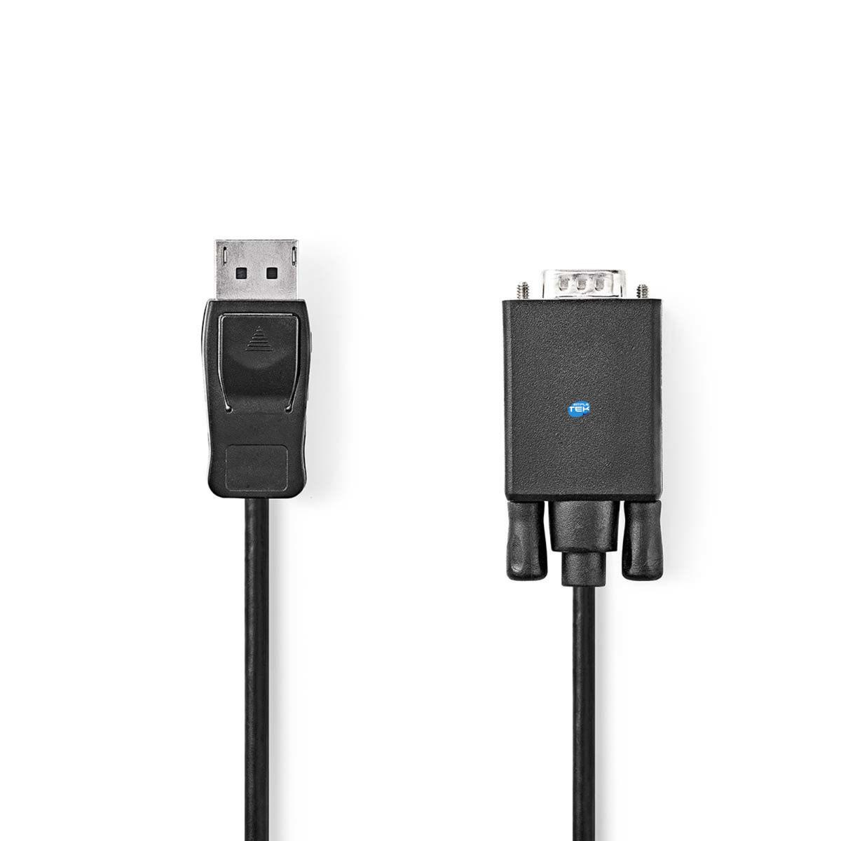 Un cable negro con dos conectores: un DisplayPort y un puerto serie, sobre un fondo blanco.