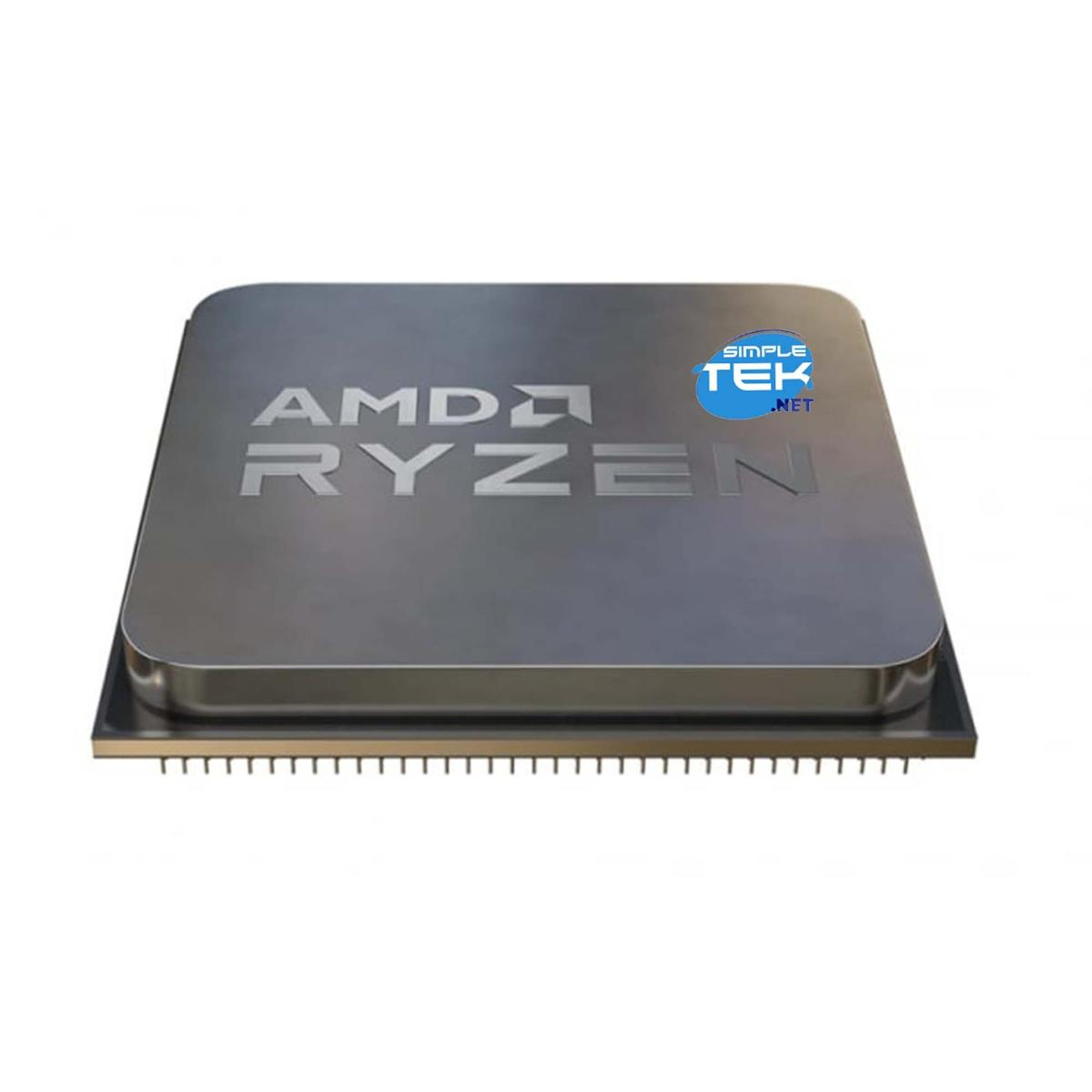 Una CPU AMD Ryzen argentata. Il logo è visibile. Il logo Simple Tek .net si trova sul lato destro.