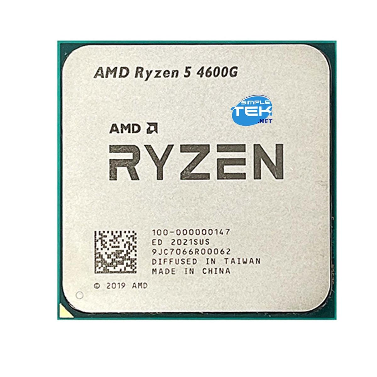 Viene mostrato un processore AMD Ryzen 5 4600G, con i loghi AMD e Ryzen. I dettagli del testo includono informazioni sulla produzione.