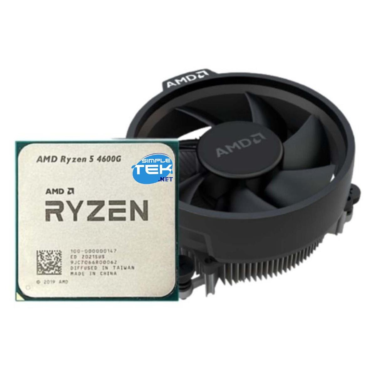 Una CPU AMD Ryzen 5 4600G con un dissipatore. La CPU è quadrata con testo. Il dissipatore è nero con pale della ventola.