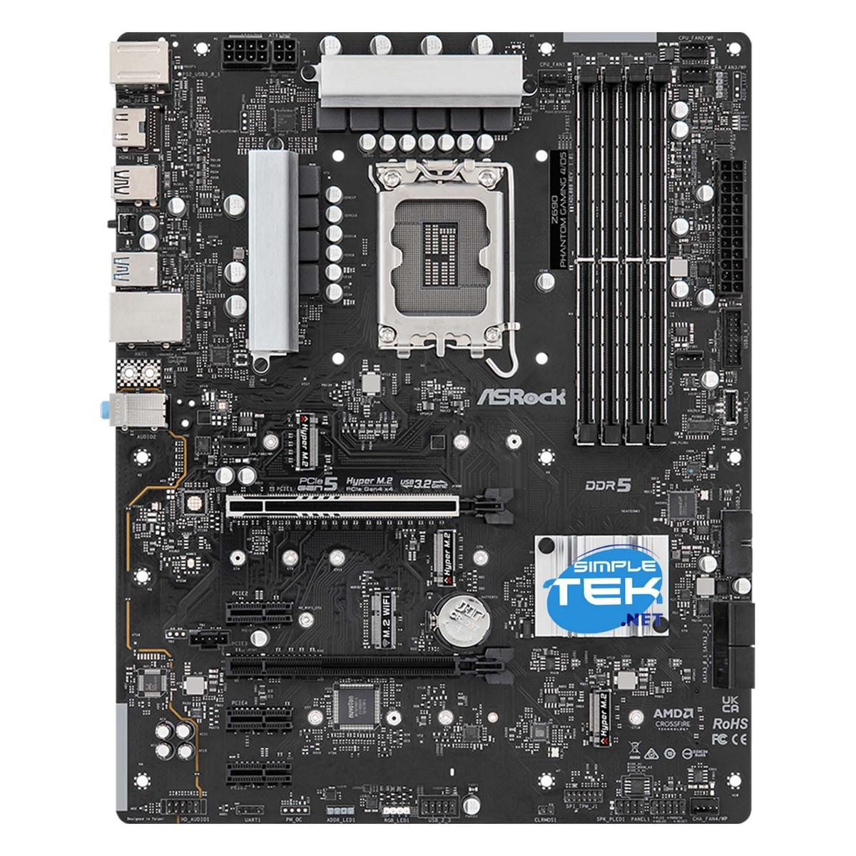 Una scheda madre per computer nera con vari componenti, tra cui slot, porte e il logo ASRock.