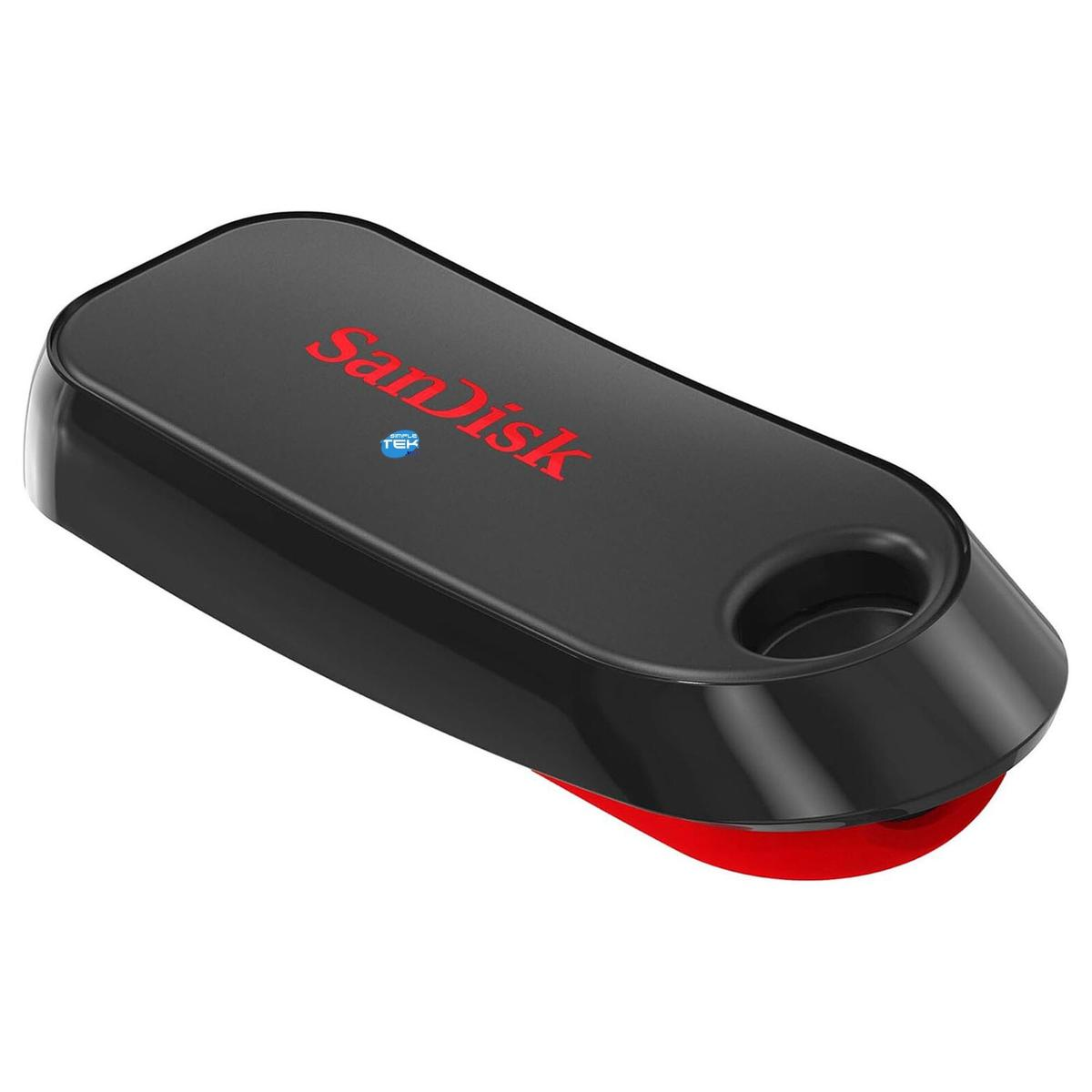 Czarny pendrive SanDisk z czerwonymi akcentami. Logo SanDisk jest czerwone. Znajduje się na białej powierzchni.