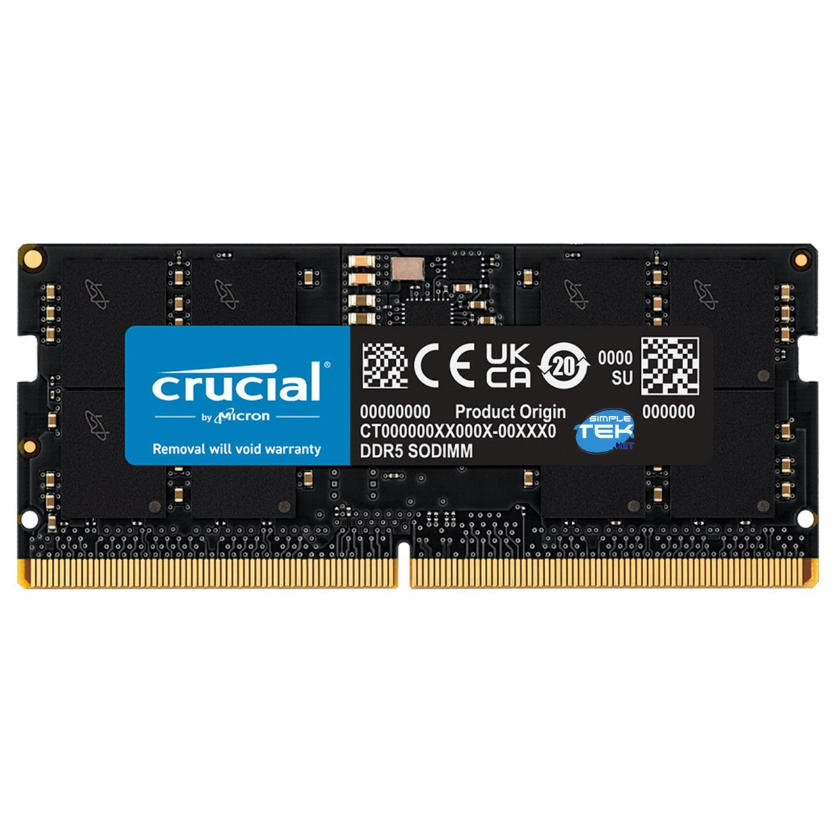 Un modulo di memoria Crucial DDR5 SODIMM. Ha un'etichetta blu con il logo Crucial e vari marchi, con connettori dorati.