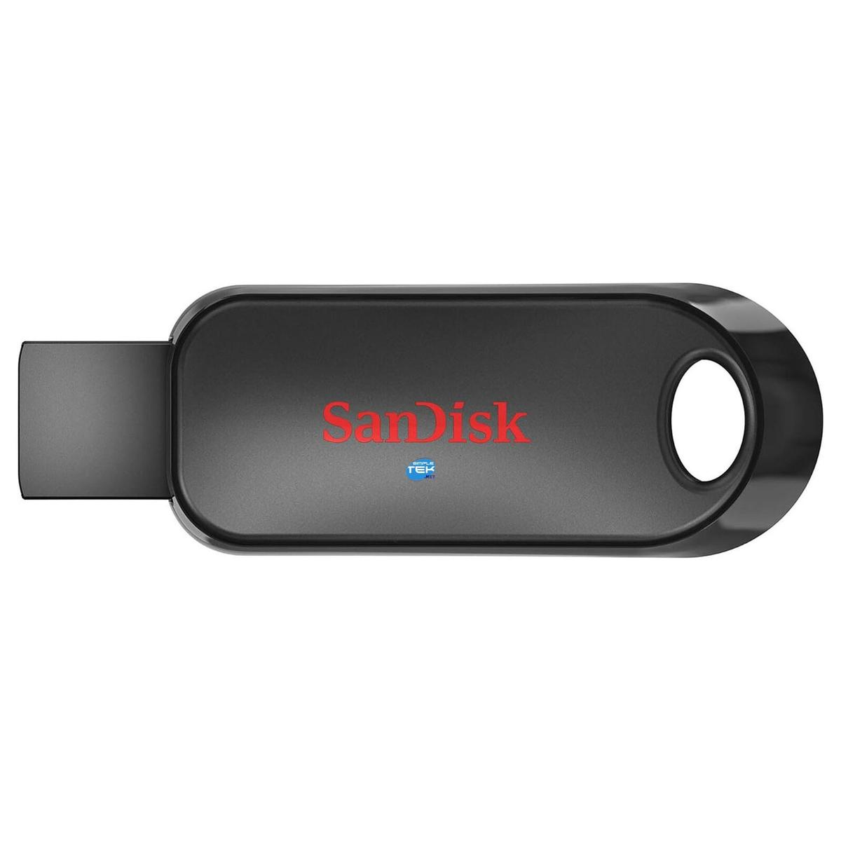 Czarny i czerwony pendrive Sandisk. Nazwa marki jest czerwona. Pendrive ma pętlę i złącze. Białe tło.