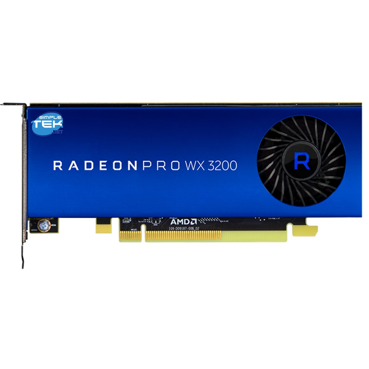 Niebieska karta graficzna Radeon Pro WX 3200. Posiada wentylator z niebieskim logo 'R' i marką AMD.