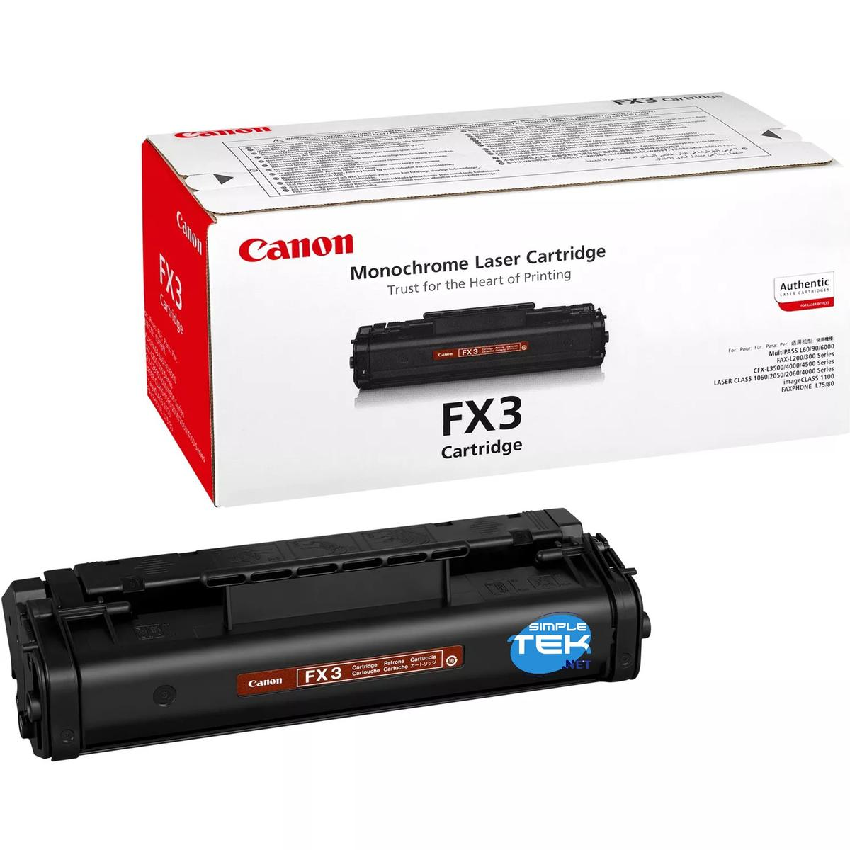 Cartuccia Canon FX3. L'immagine mostra una cartuccia nera e una scatola bianca con la stessa cartuccia.