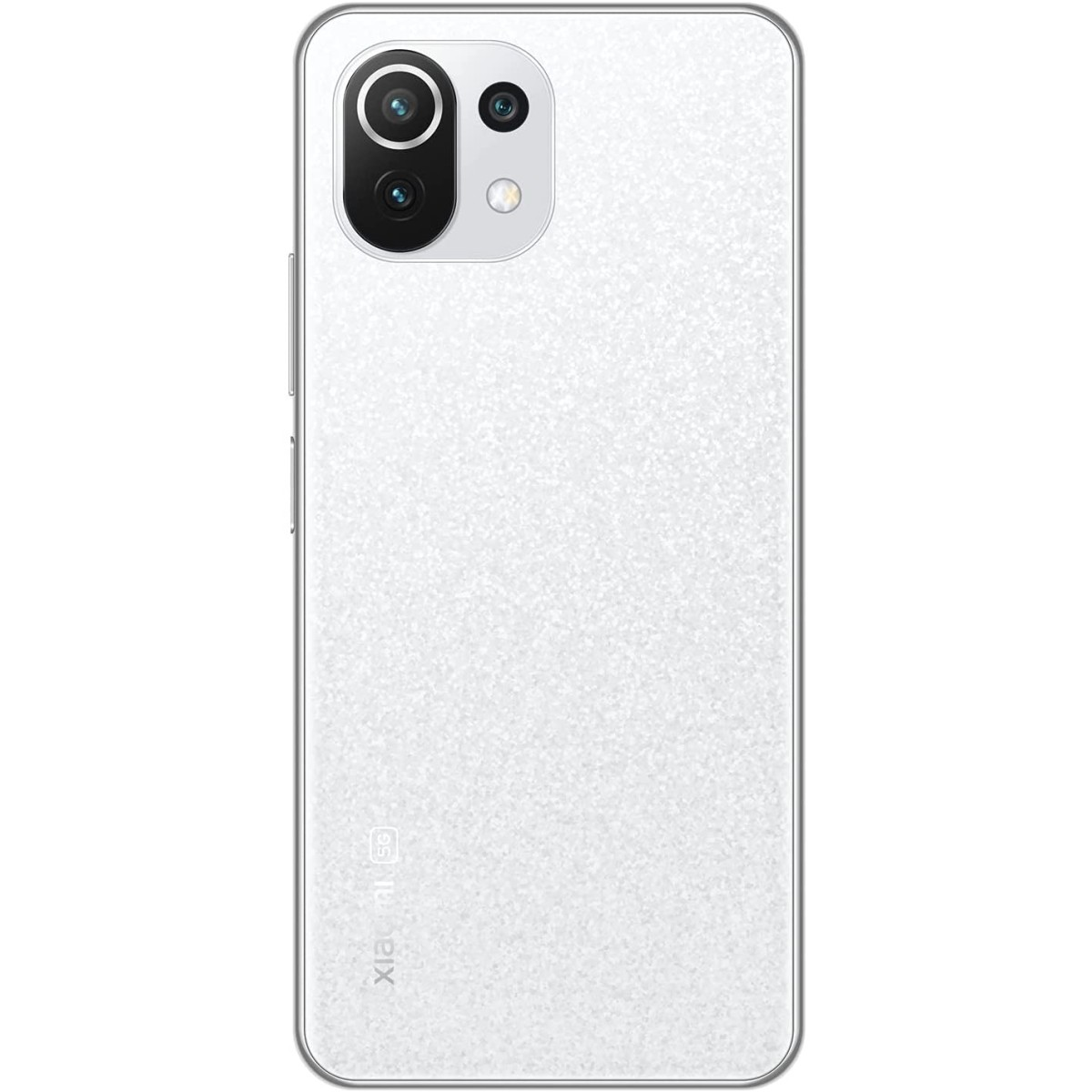 Ein weißes Smartphone mit strukturierter Rückseite. Es hat eine Kamera oben links und den Markennamen unten.