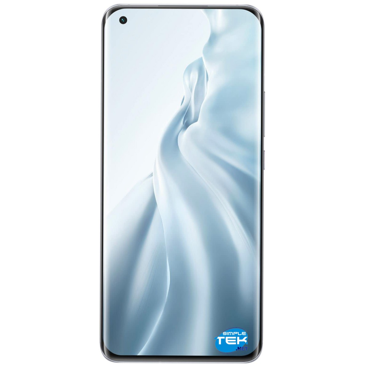 Ein Smartphone mit gewölbtem Bildschirm zeigt ein hellblaues, abstraktes Design. Das Telefon hat einen schwarzen Rahmen und eine Frontkamera.