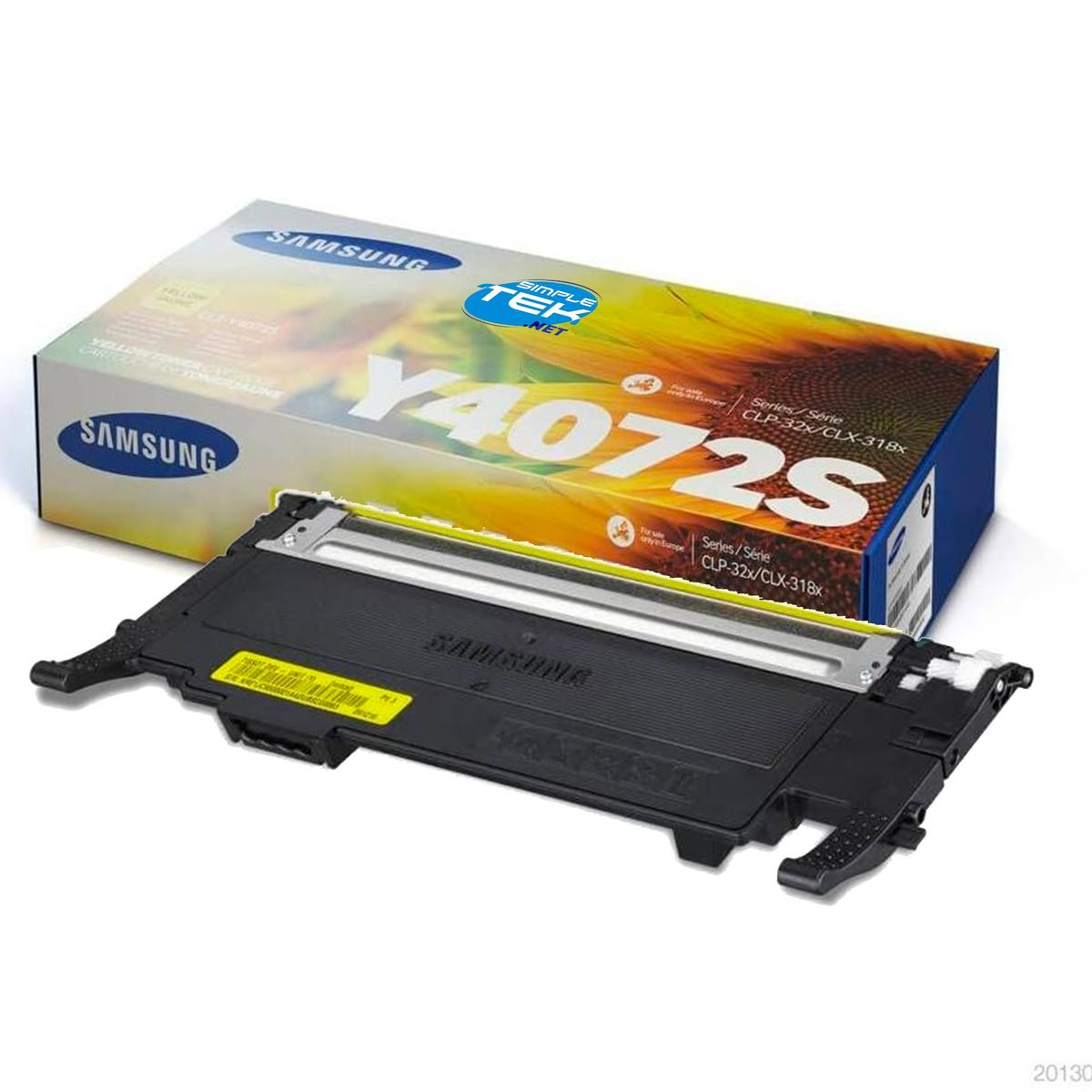 Cartuccia toner Samsung Y4072S e scatola. Cartuccia nera sotto la scatola con grafica di girasole. Sfondo bianco.