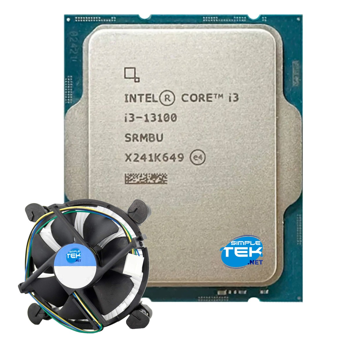 Procesor z wentylatorem. Procesor ma oznaczenia Intel Core i3. Wentylator jest czarno-biały z niebieskimi akcentami.