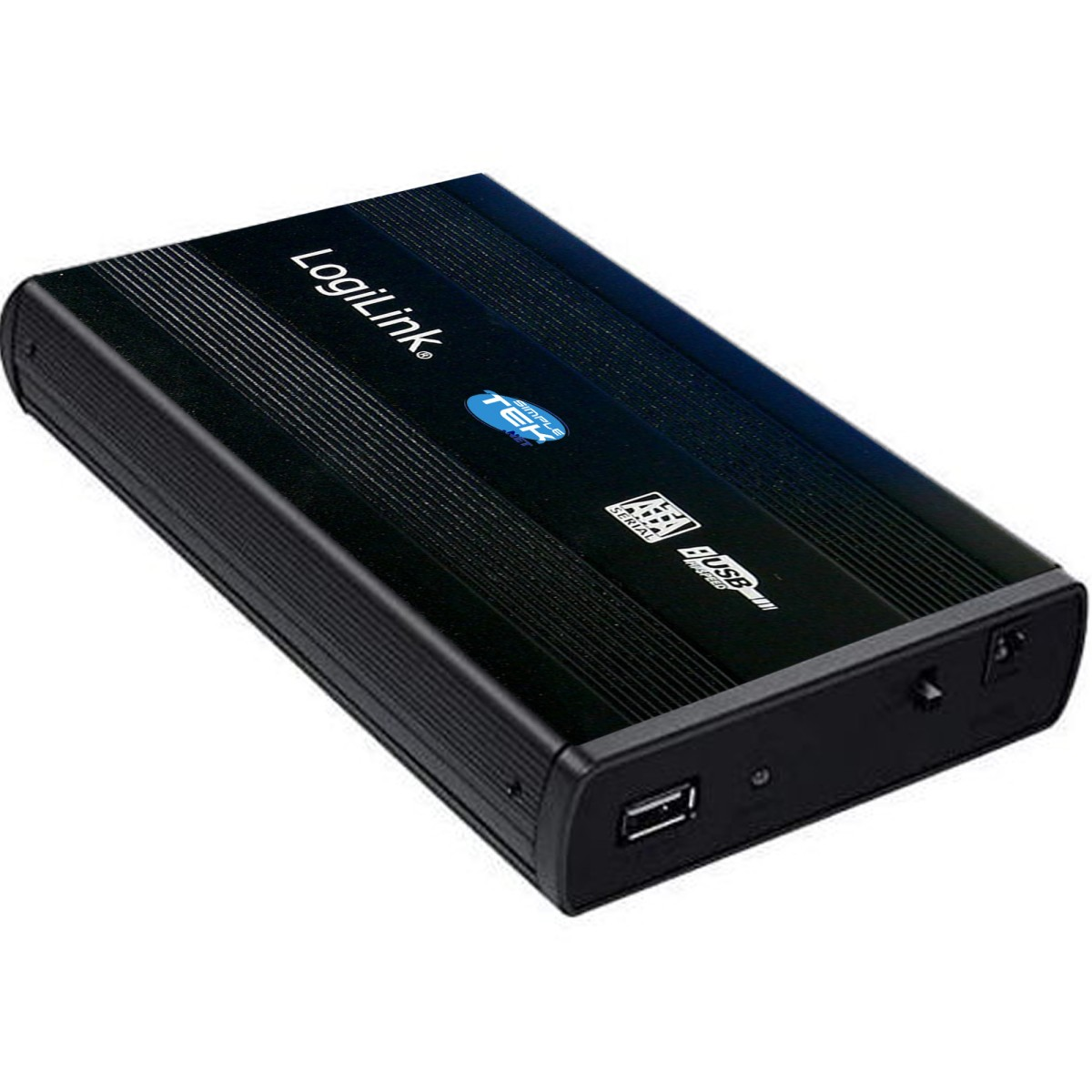 Schwarze externe Festplatte von LogiLink. Sie hat USB- und SATA-Anschlüsse. Oben befindet sich das LogiLink-Logo und weitere Details.