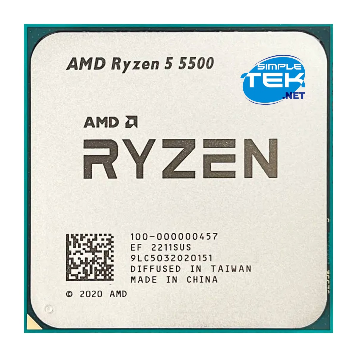 Procesor AMD Ryzen 5 5500. Tekst zawiera 'AMD', 'RYZEN' i specyfikacje. Logo Simple Tek w prawym górnym rogu.