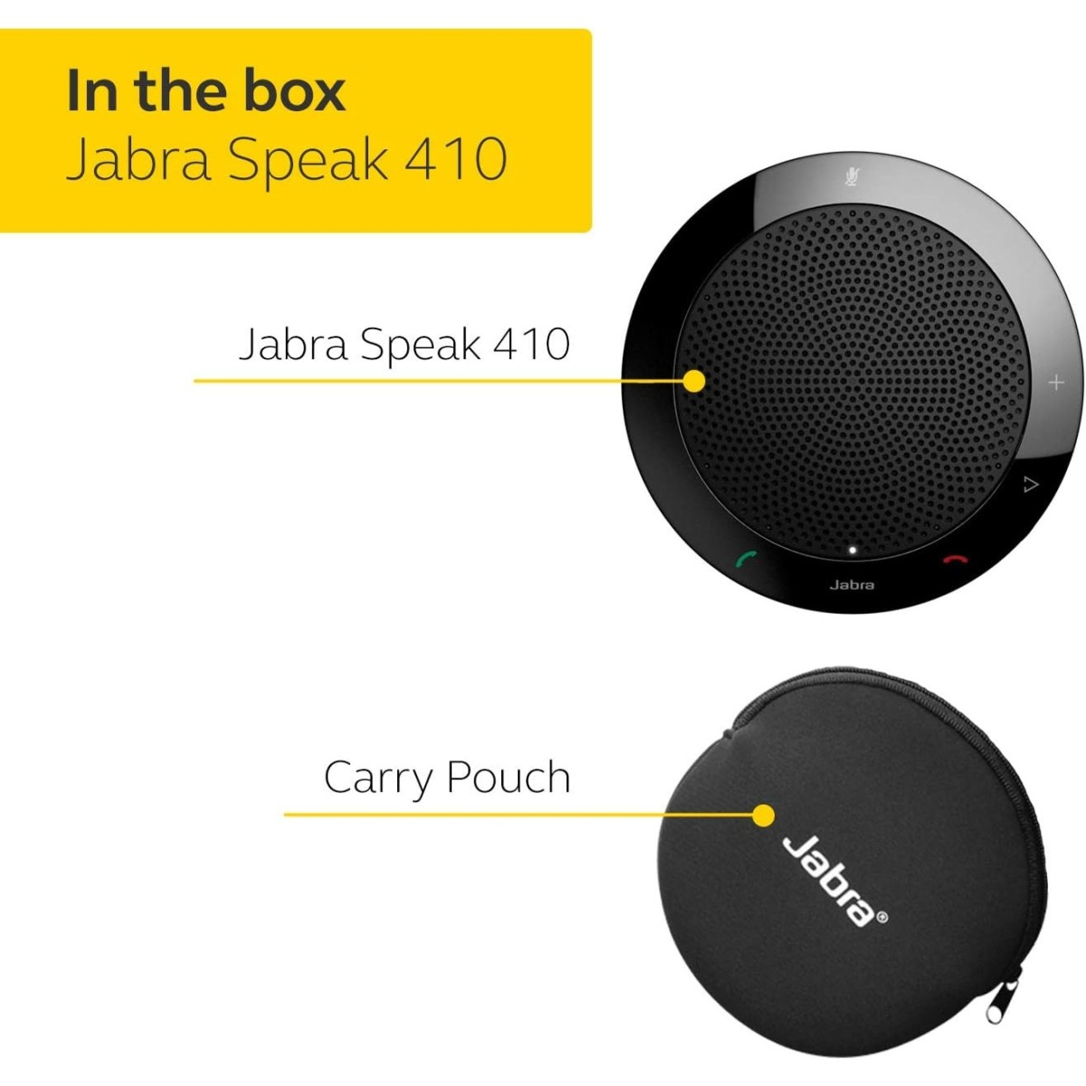 Un vivavoce Jabra Speak 410 con una custodia. Testo: Nella scatola Jabra Speak 410, Jabra Speak 410 e Custodia.