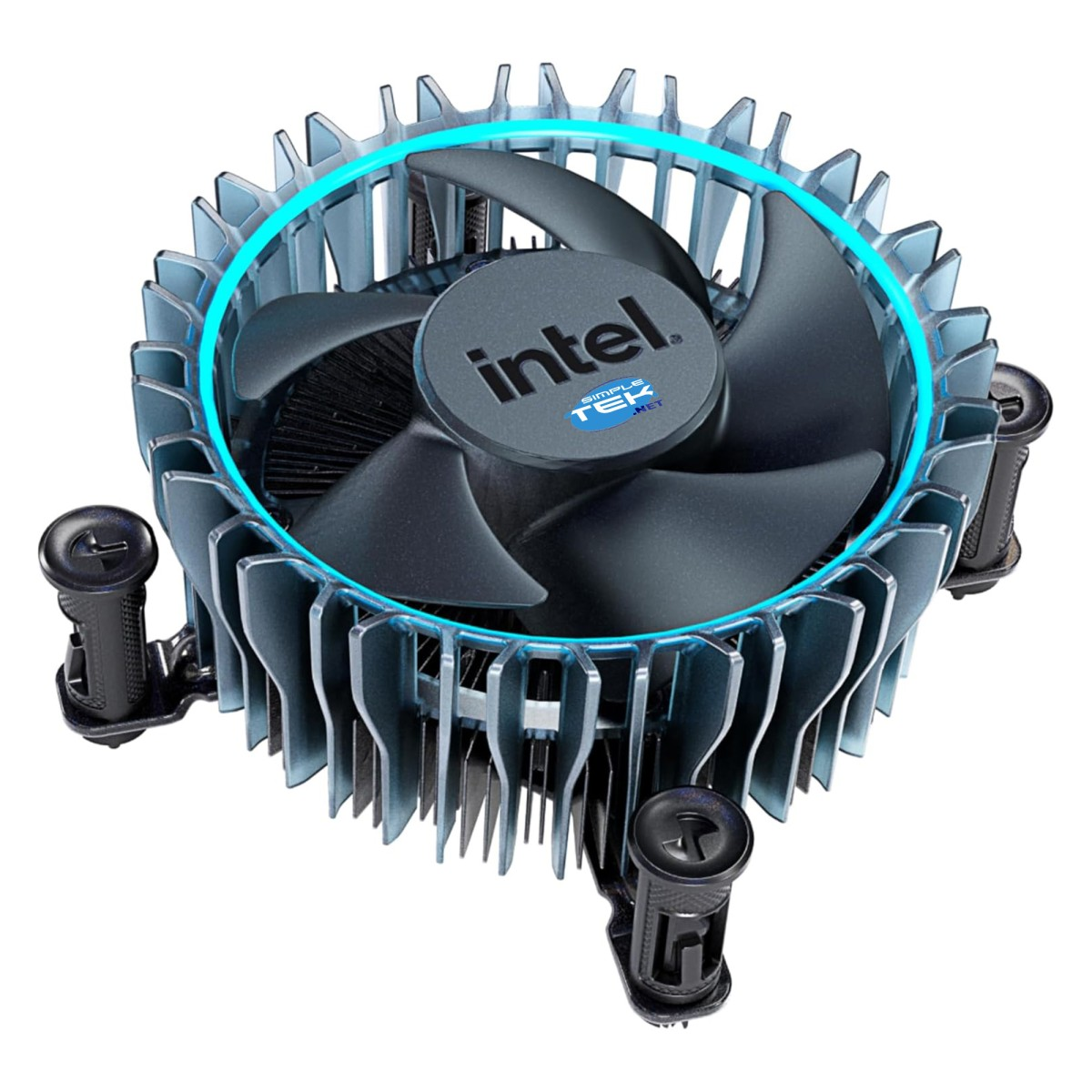 Chłodnica procesora komputera. Posiada wentylator, radiator i logo Intel. Chłodnica jest niebiesko-szara z czarnym wentylatorem.