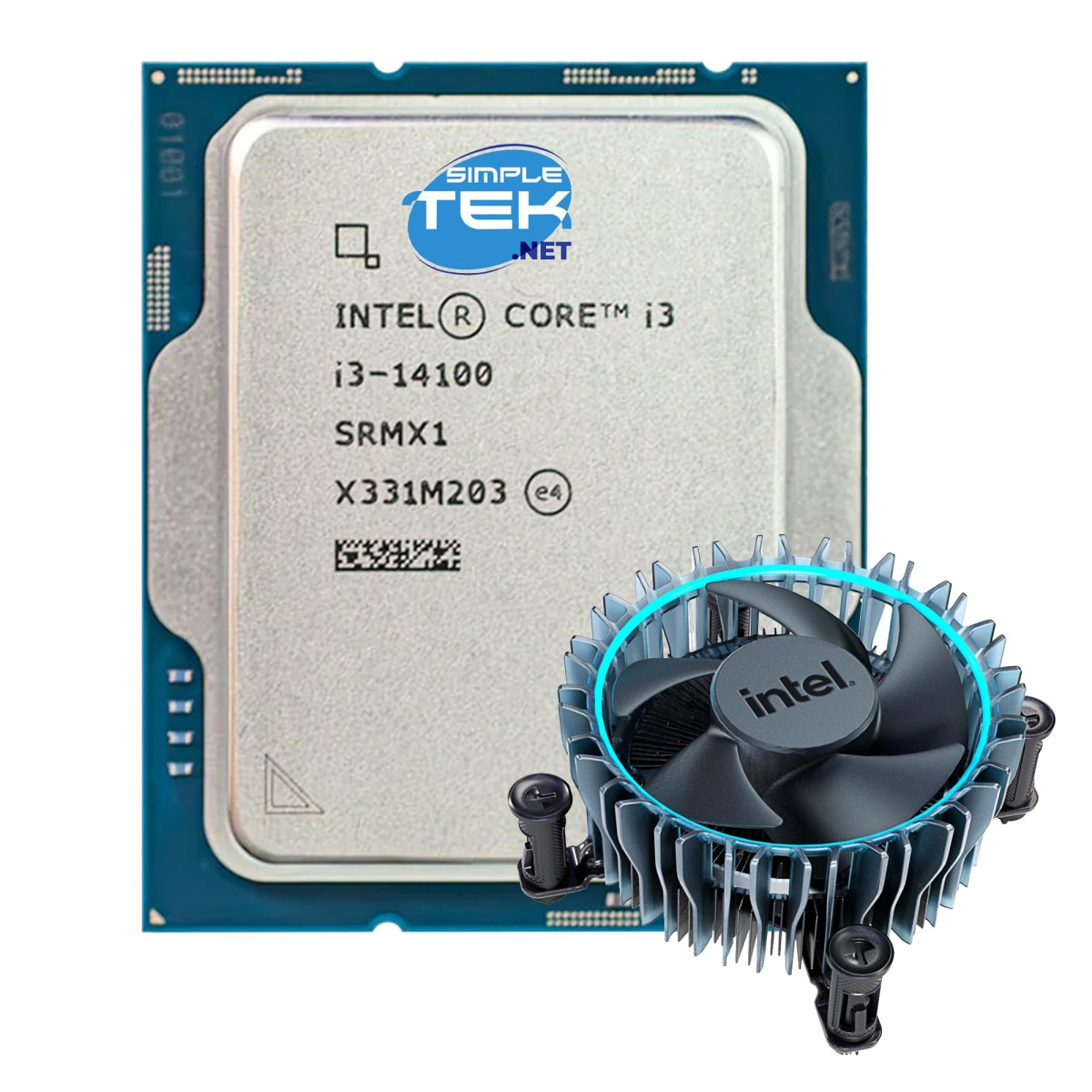 Procesor Intel Core i3 z chłodzeniem. Procesor zawiera tekst 'Intel Core i3' i 'SRMX1'. Chłodzenie posiada wentylator i logo 'intel'.