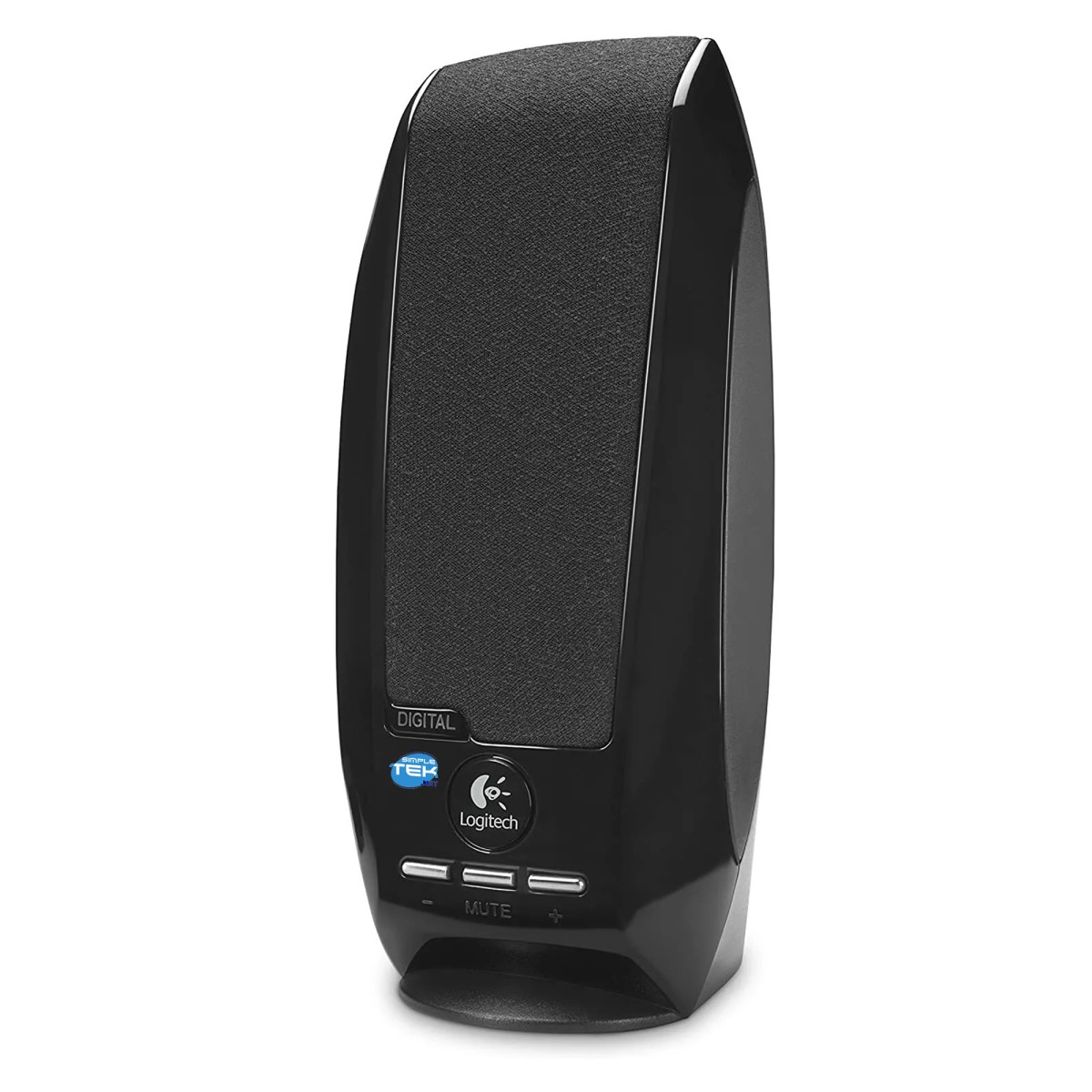 Altavoz negro Logitech. Tiene una parte frontal texturizada, con controles de volumen y silencio. La base es redondeada y tiene el logotipo de Logitech.
