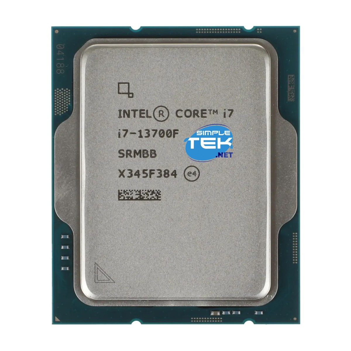 Procesor komputera z tekstem Intel Core i7. Ma srebrną powierzchnię i zielone krawędzie, z logo Simple Tek.