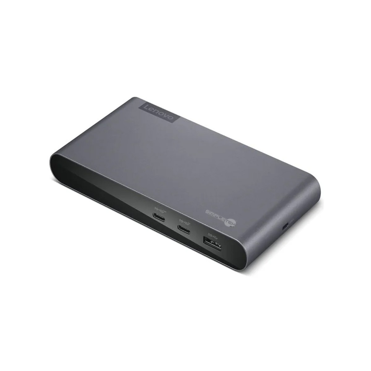 Un dispositivo Lenovo Simpletek gris. Es rectangular con bordes redondeados. Tiene puertos en un lado y el logotipo de Lenovo en la parte superior.