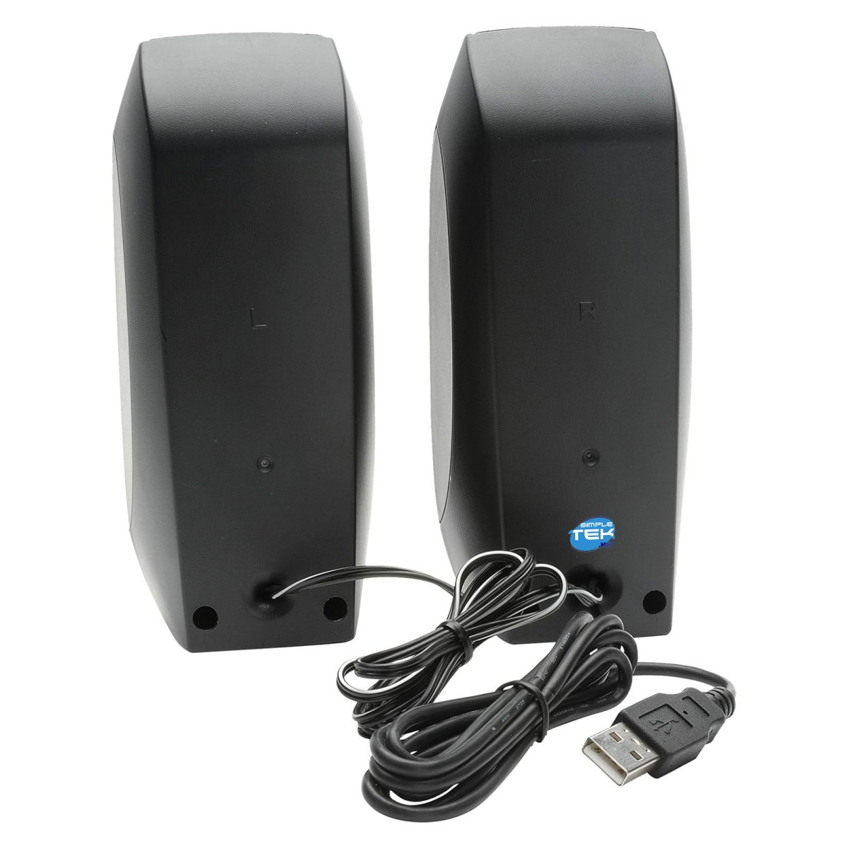 Dos altavoces de computadora negros con cables de alimentación y un conector USB. Un altavoz está etiquetado con 'L', el otro con 'R'.