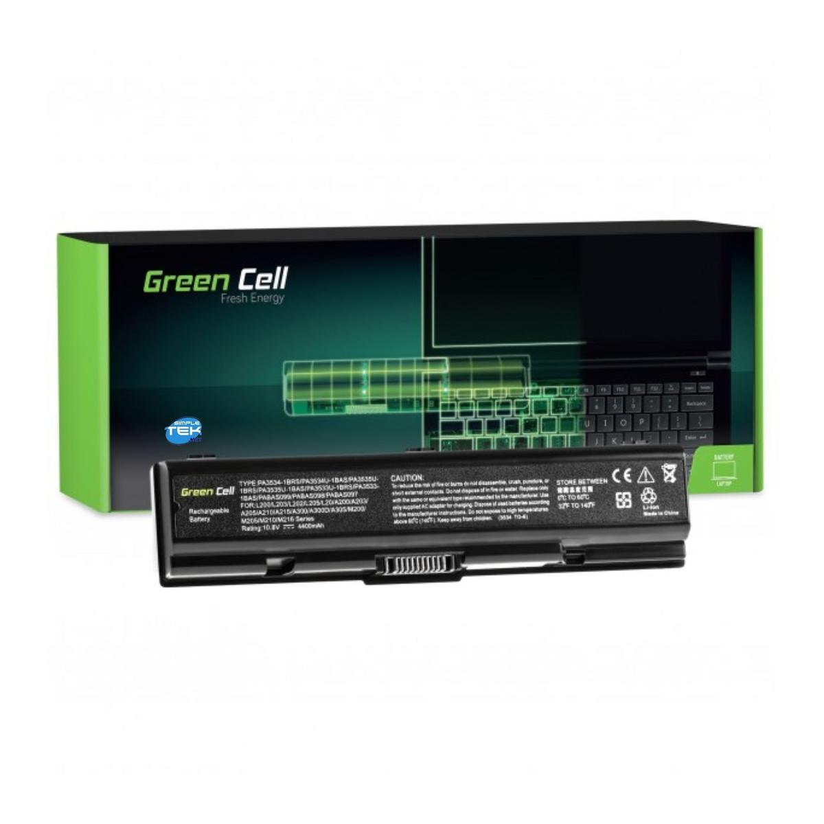 Ein Laptop-Akku und seine Schachtel, Marke Green Cell. Die Schachtel ist grün und schwarz, der Akku ist schwarz mit weißer Schrift.