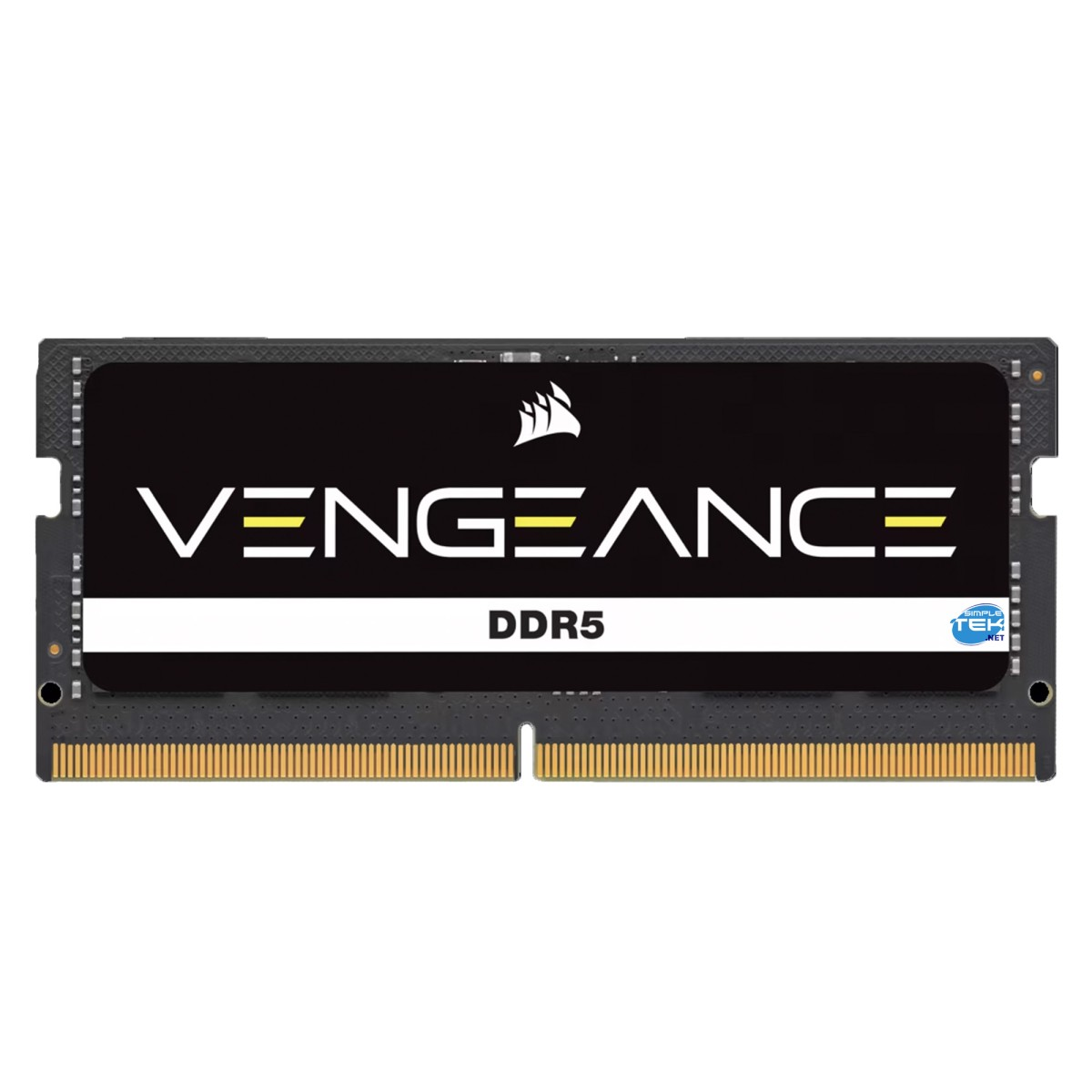 Moduł RAM Corsair Vengeance DDR5. Czarna płytka PCB, biały tekst, żółte akcenty. Oznaczenie DDR5. Logo Corsair. Złote złącza na dole.