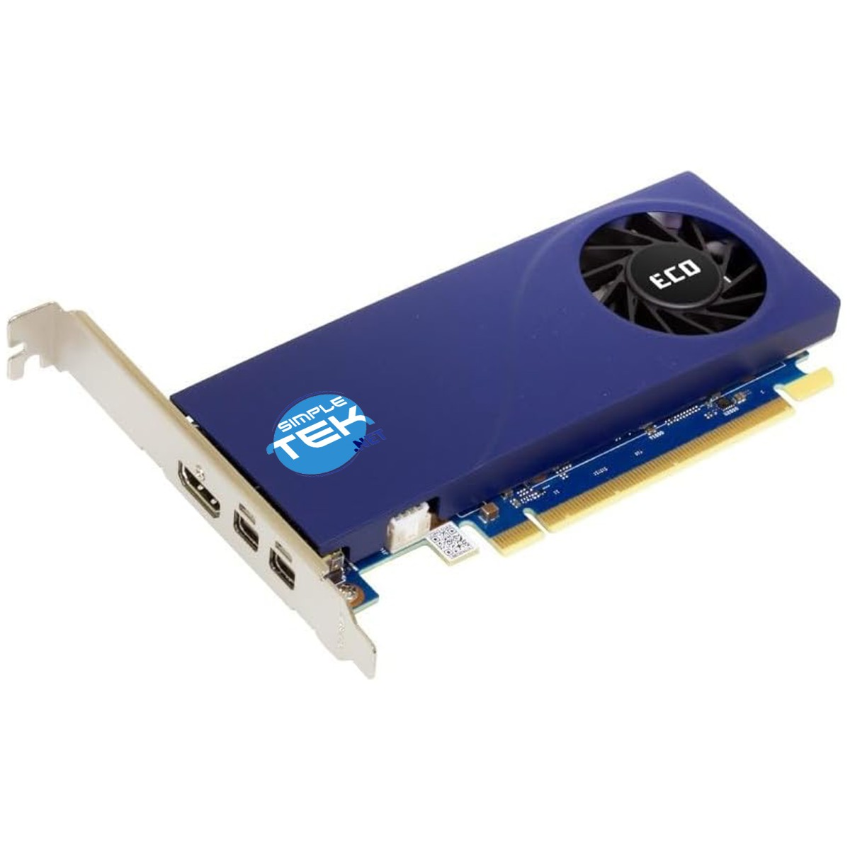 A blue Simple Tek graphics card. It has a fan, multiple ports, and a circuit board. The background is white.