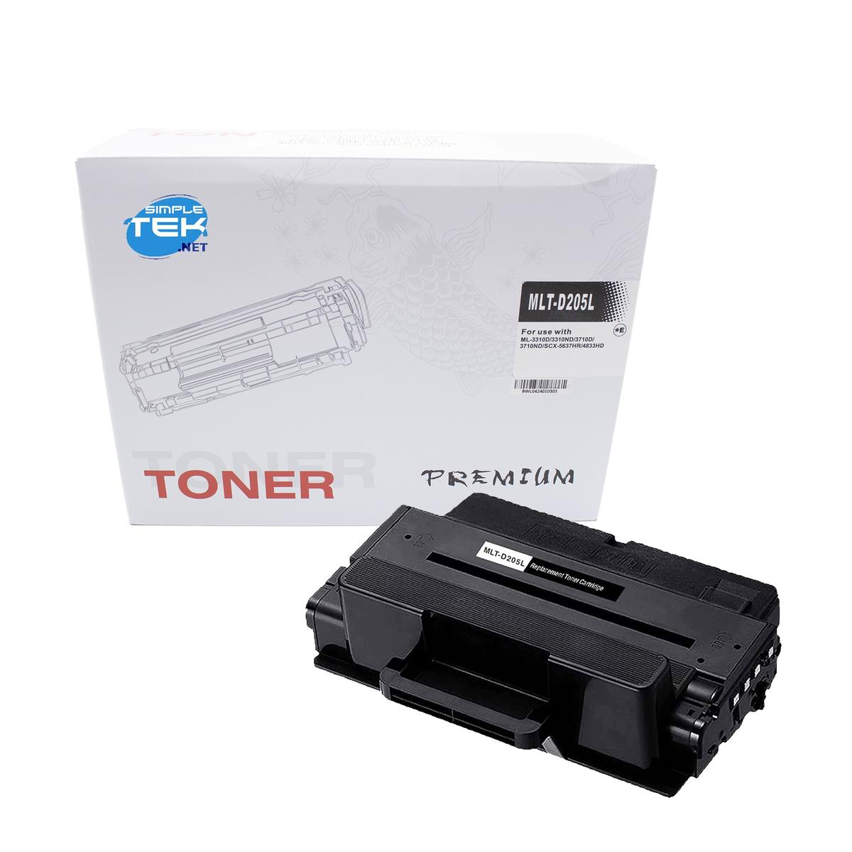 Białe pudełko z tonerem z nazwą marki i czarny wkład z tonerem. Pudełko ma schemat i tekst. Wkład jest oznakowany.