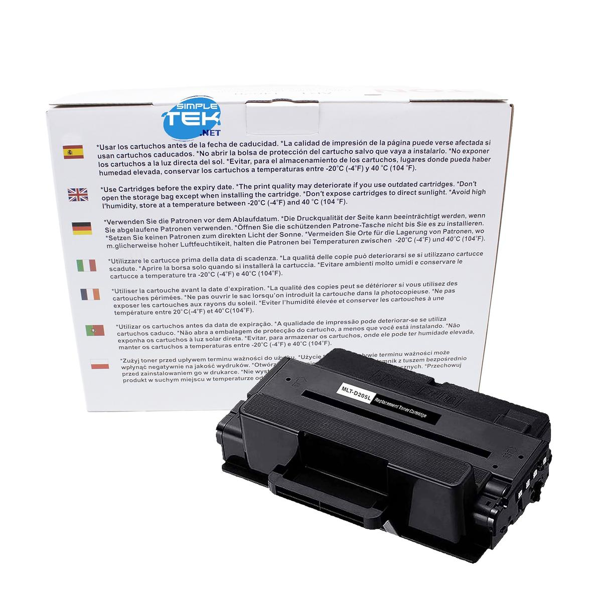 Czarny wkład z tonerem z tekstem i instrukcjami na białym tle. Widoczne logo Simple Tek.