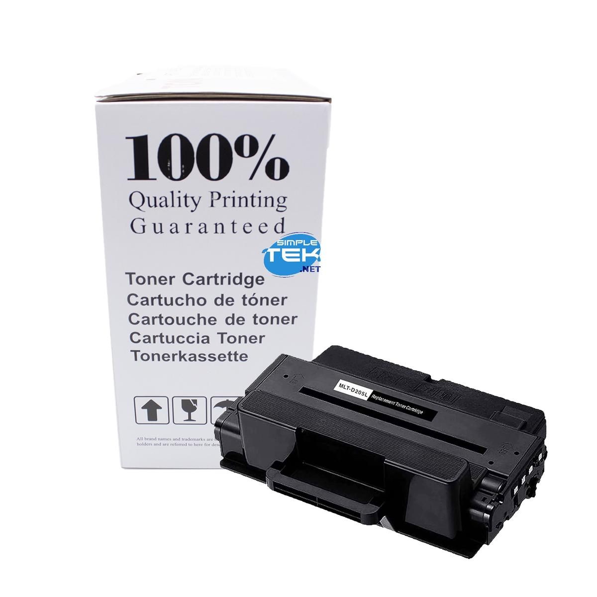 Pudełko z tonerem z napisem '100% Quality Printing Guaranteed'. Obok niego leży czarny toner na białej powierzchni.