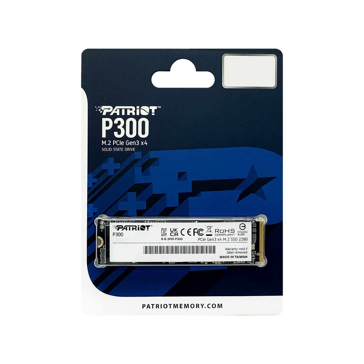 Dysk SSD Patriot P300 M.2 PCIe Gen3 x4 na niebiesko-czarnym opakowaniu. Opakowanie zawiera logo Patriot i szczegóły produktu.