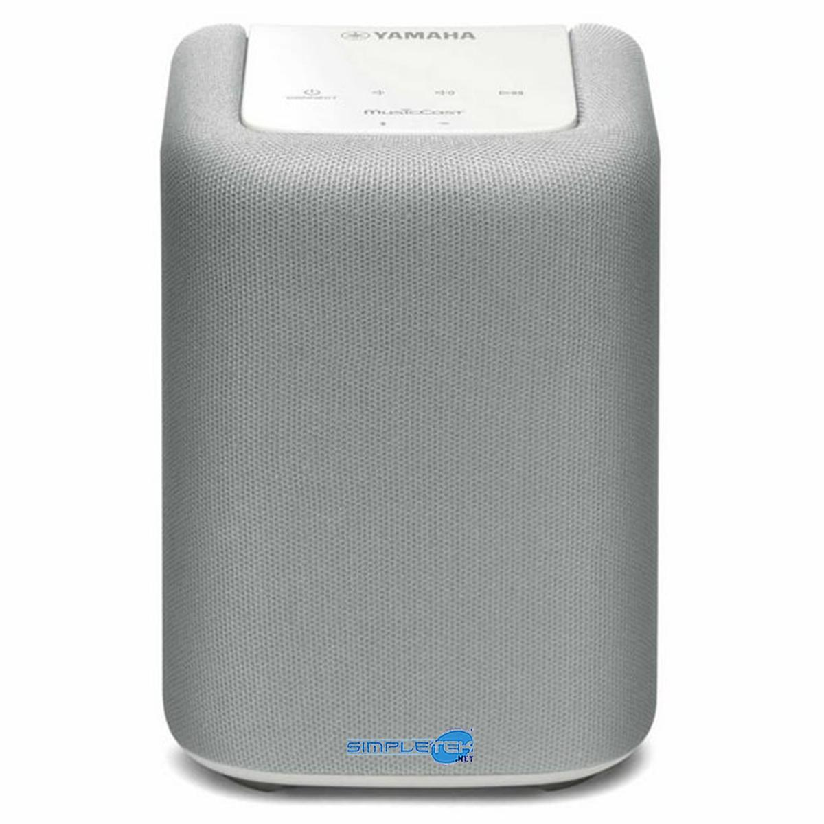 Un altoparlante Yamaha grigio con parte superiore bianca, con pulsanti e il logo MusicCast. L'altoparlante è cilindrico.