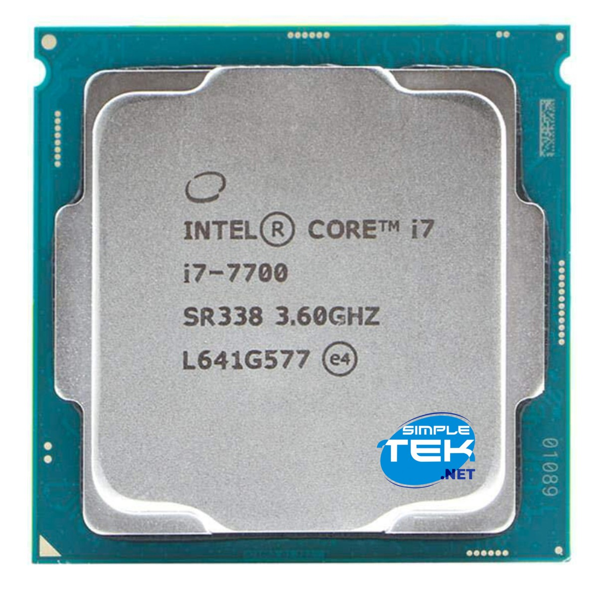 Procesor komputerowy z marką Intel Core i7. Wyświetla informacje o modelu, w tym i7-7700, SR338 3,60 GHz i L641G577.