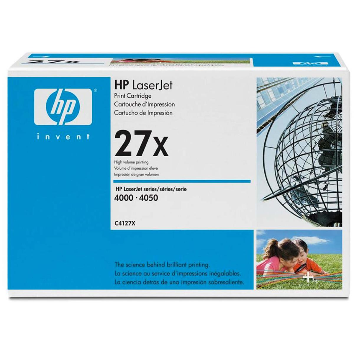 Scatola di cartucce di stampa HP 27x. Contiene informazioni sul prodotto, un grafico del globo e l'immagine di due bambini. Colori bianco e blu.
