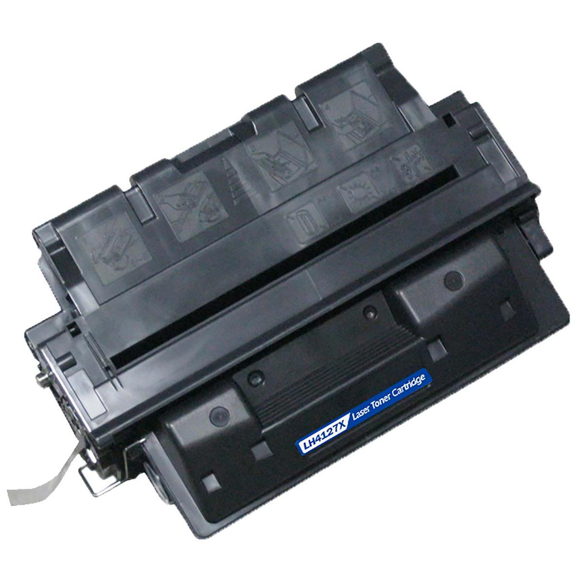 Una cartuccia toner laser nera. Ha un'etichetta che dice LH4127X Laser Toner Cartridge. È attaccato un nastro.