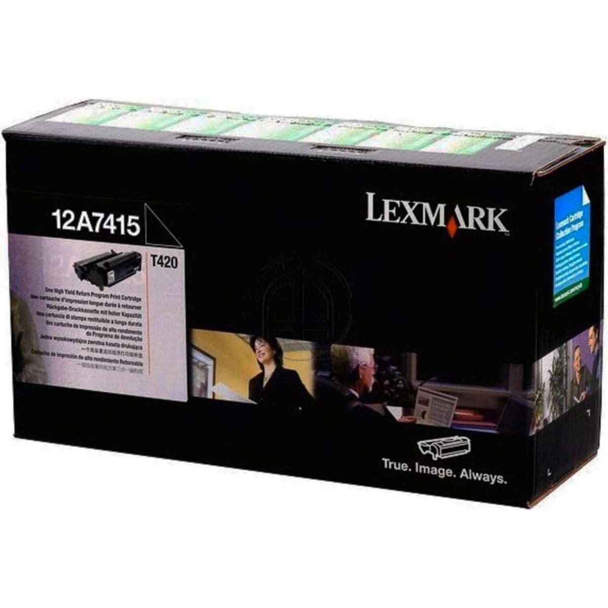 Scatola della cartuccia della stampante Lexmark, nera. Il testo include '12A7415', 'T420' e 'True. Image. Always.' con immagini di persone.