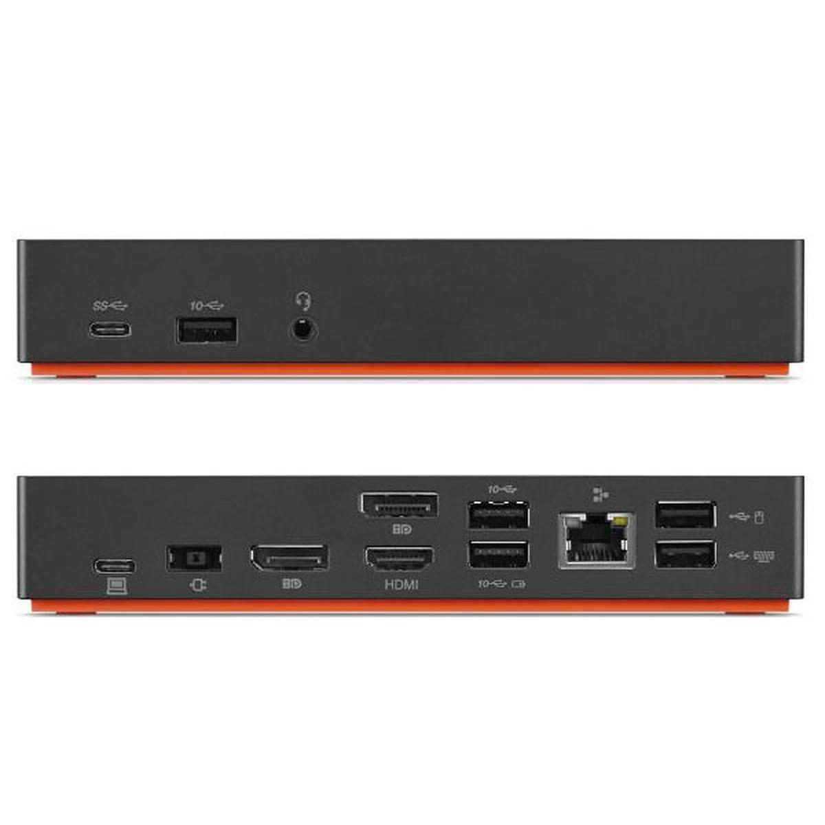 Schwarze Lenovo-Dockingstation mit orangefarbenen Akzenten. Oben: USB-Anschlüsse, Audioanschluss. Unten: HDMI, USB, Ethernet und andere Anschlüsse.