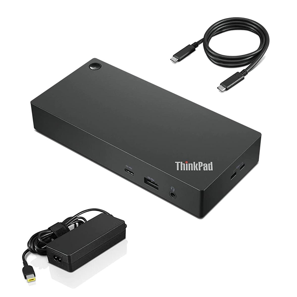 Eine schwarze ThinkPad-Dockingstation mit Netzteil und USB-C-Kabel auf weißem Hintergrund.