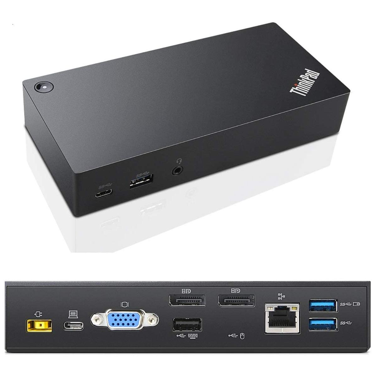 Schwarze ThinkPad-Dockingstation. Draufsicht und Unterseite mit Anschlüssen sichtbar. Verschiedene Anschlüsse wie USB, HDMI und Ethernet.