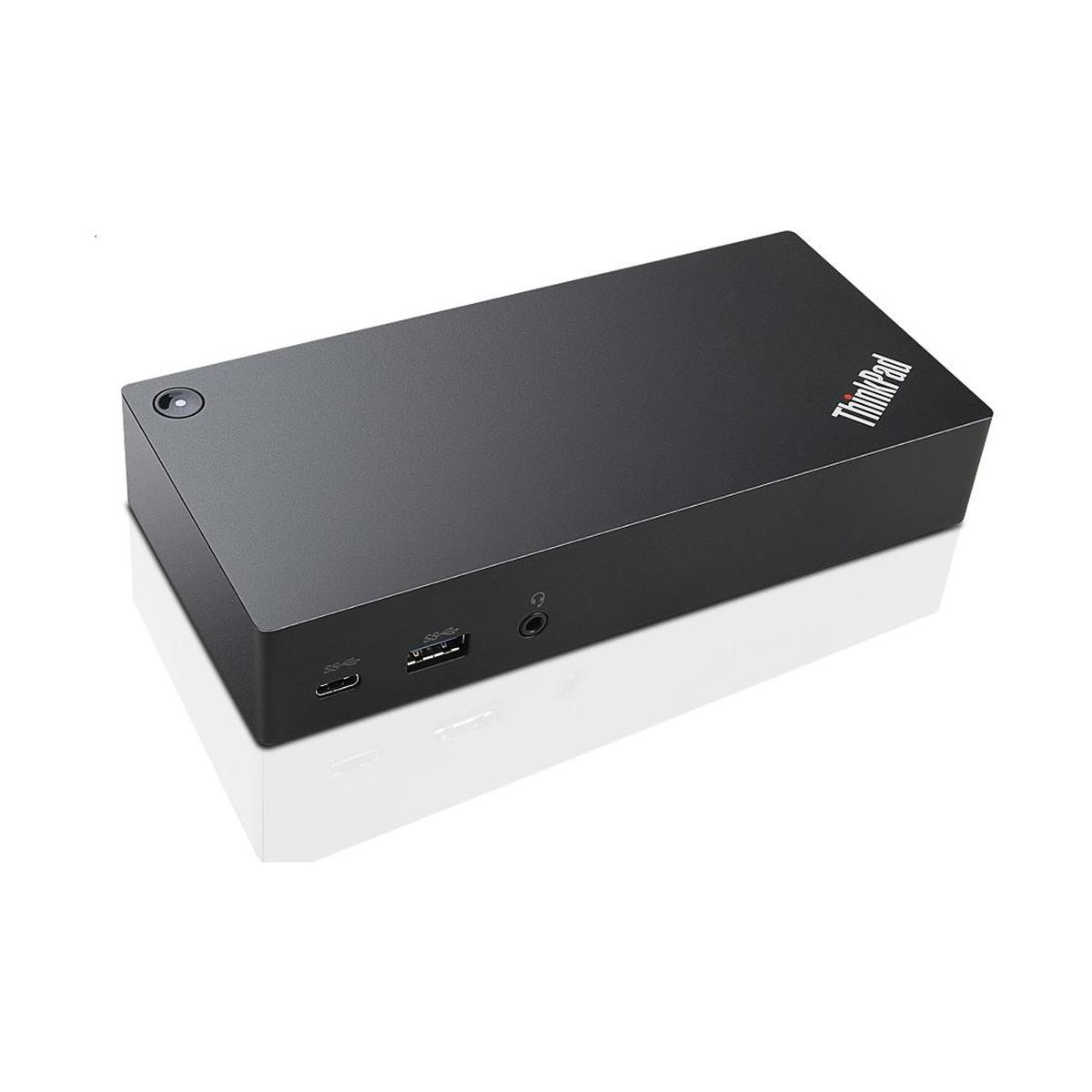 Eine schwarze Lenovo ThinkPad Dockingstation. Sie hat Anschlüsse auf der Vorderseite und das ThinkPad-Logo oben rechts.