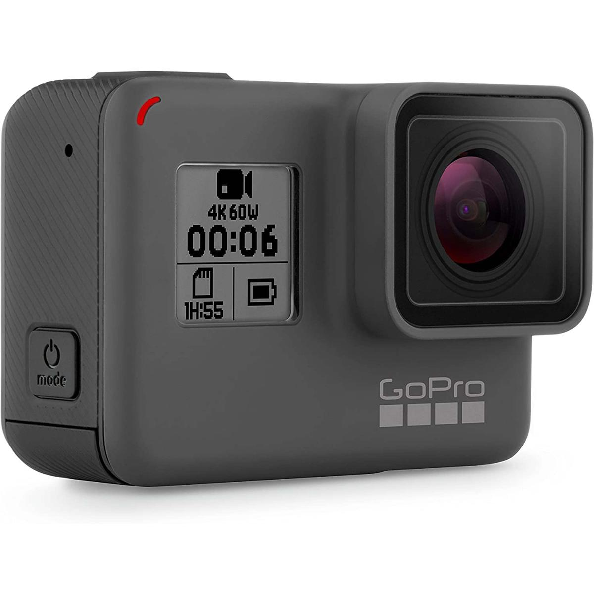Graue GoPro-Kamera. Das Objektiv ist rechts. Ein Bildschirm zeigt 00:06. Das GoPro-Logo ist sichtbar. Rotes Licht ist oben.