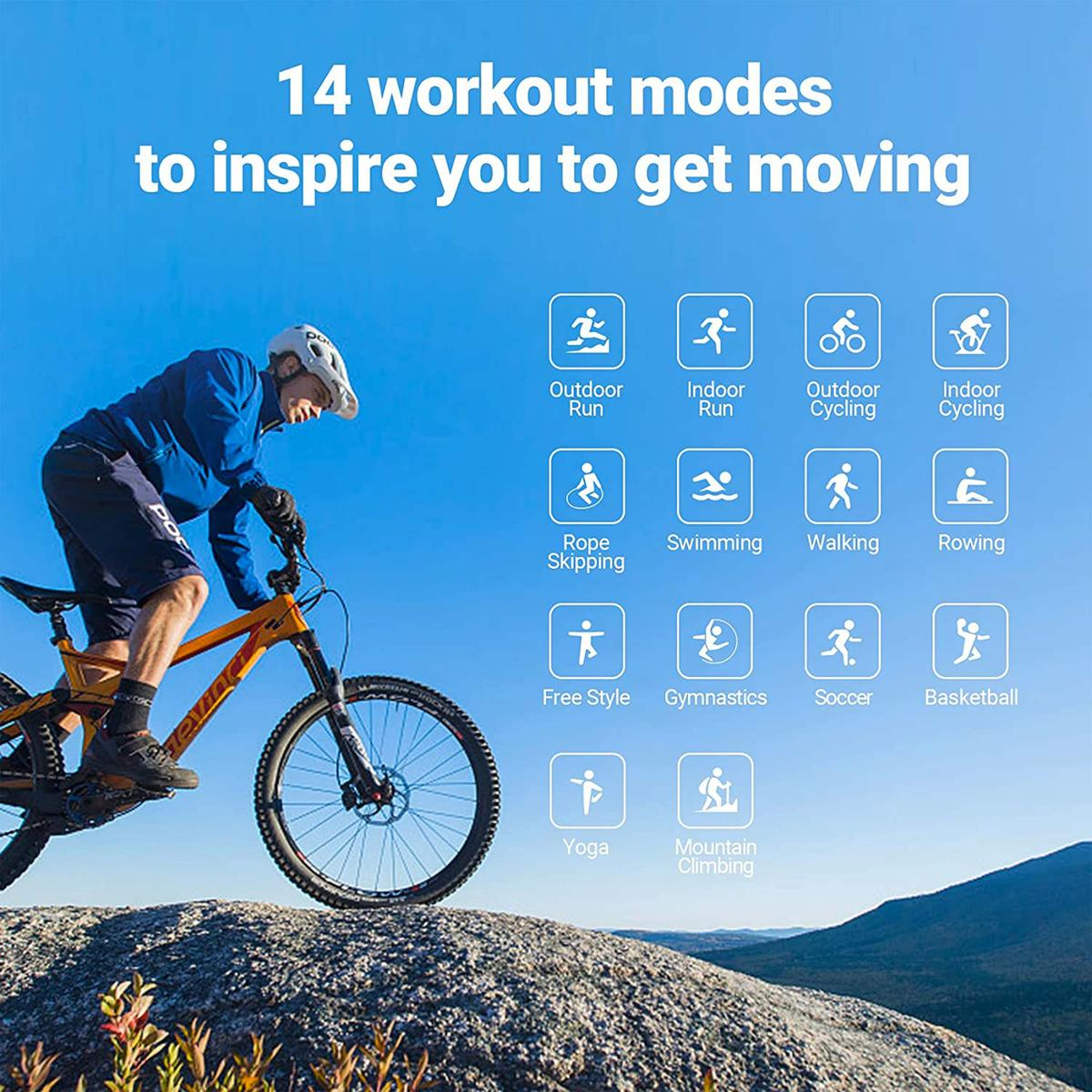 Ciclista en bicicleta de montaña, con iconos de 14 modos de entrenamiento: correr, ciclismo, natación, yoga, etc., sobre fondo azul.