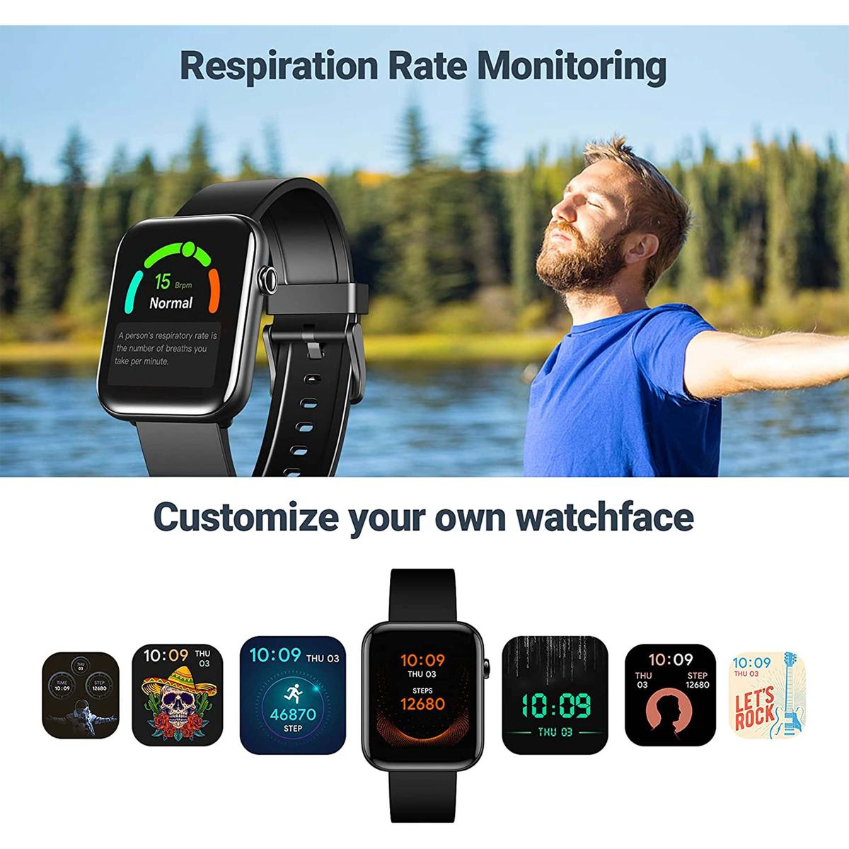 Un reloj inteligente muestra métricas de salud. Un hombre mira hacia arriba, vistiendo una camisa azul. Se muestran varias esferas de reloj.