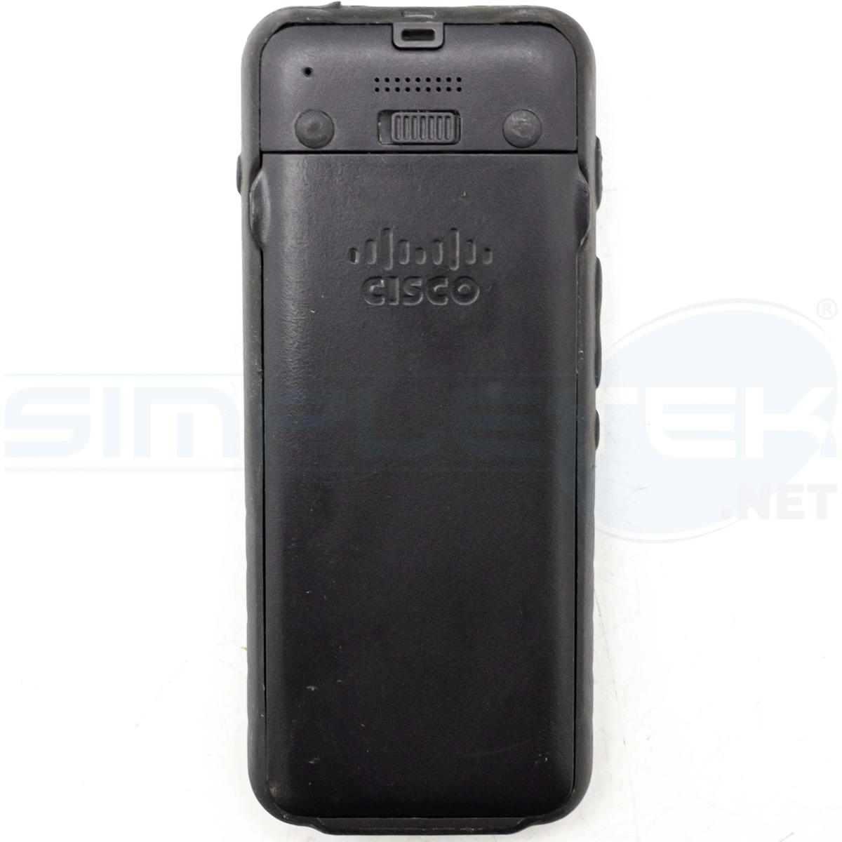 Scanner di codici a barre Cisco nero. La parte superiore presenta piccoli fori per altoparlanti, pulsanti e logo Cisco. Sfondo bianco.