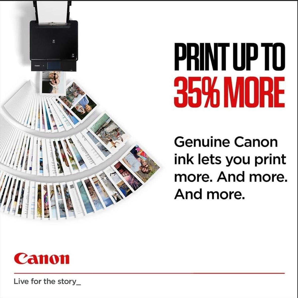Una stampante Canon stampa foto. Testo: 'Stampa fino al 35% in più'. Logo Canon in basso.