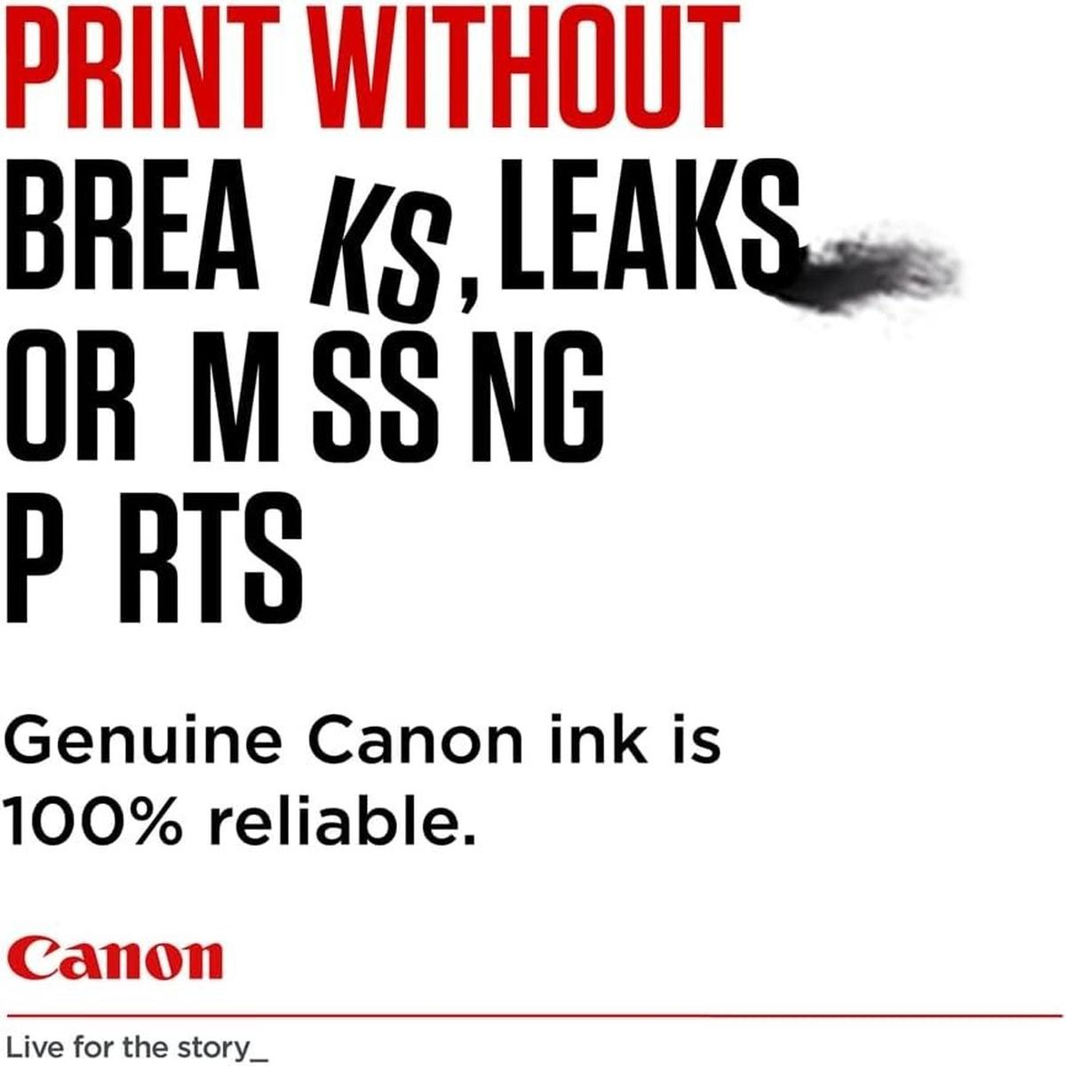 Annuncio pubblicitario per inchiostro Canon. Testo in grassetto: 'STAMPA SENZA INTERRUZIONI, PERDITE O PARTI MANCANTI'. 'L'inchiostro originale Canon è affidabile al 100%.